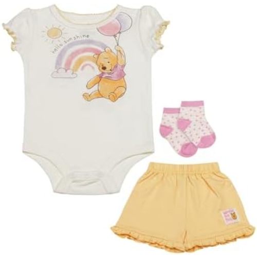 Magic Threadz Disney Baby Girls 3-Piece Short Set – Bodysuit, Shorts & Socks – Minnie, Pooh, Stitch & 101 Dalmatians – (0-9M)