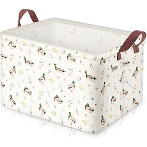 Mallard Duck Storage Basket Collapsible Canvas Toy Storage Bin Waterproof Basket with Leather Handles Farmhouse Wild Green Head Ducks Hunting Nursery Decor for Kids Bedroom Clothes Toys Books