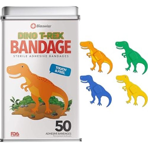 BioSwiss Bandages, Dinosaur Shaped Self Adhesive Bandage Set, Latex Free, Sterile Wound Care, 50 Count