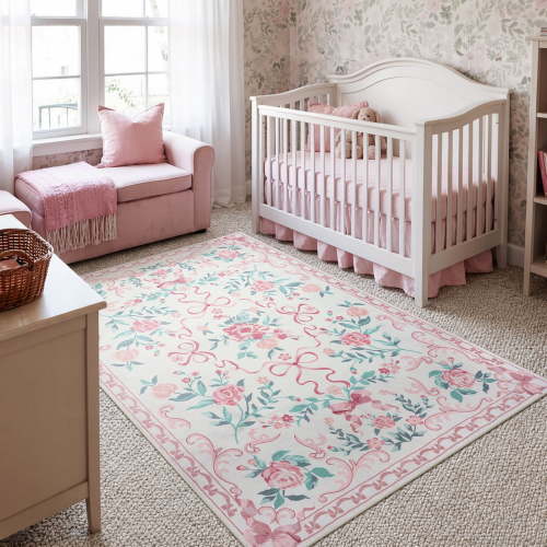 Lahome Washable 3'x5' Floral Bow Area Rug, Pink Rugs for Nursery Living Room, Soft Ultra-Thin Non-Slip Carpet for Girls Bedroom Entryway Playroom, Pink