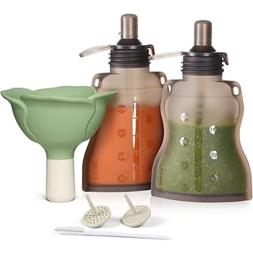 haakaa Fill & Go Yummy Pouch ＆ Flower Funnel Combo - Grey Pouch (2pcs) + Spring Green Funnel