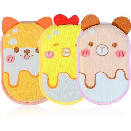 Baby and Kids Bath Loofah Sponge, Soft and Absorbent Toddler Exfoliating Body Scrubber Shower Loofa Sponge,Cute Pattern Design for Kids Baby Women Boys and Girl, 3 Pack (Bear/Dog/Chick)