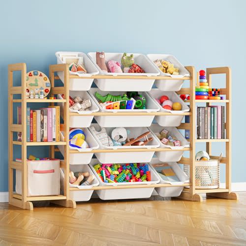 SpaceAid Toy Storage Organizer with 6 Shelves and 12 Bins, Bookshelf/Bookcase, Kids Bin Shelf, Toys Box for Playroom Organization for Bedroom & Room Decor, White, 52.3" W