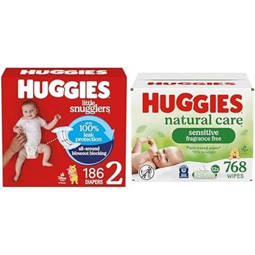 Little Snugglers Bundle: Huggies Little Snugglers Baby Diapers, Size 2 (12-18 lbs), 186 Count & Huggies Natural Care Sensitive Baby Wipes, 768 Count (12 Packs of 64)