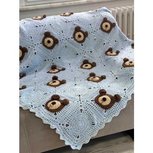 Blue Teddy Bear Baby Shower Gift, Hairloom Baby Blanket, Baby Wrap Blanket, Crochet Animal Stroller, Unique Nursery Decor, Toddler Throw