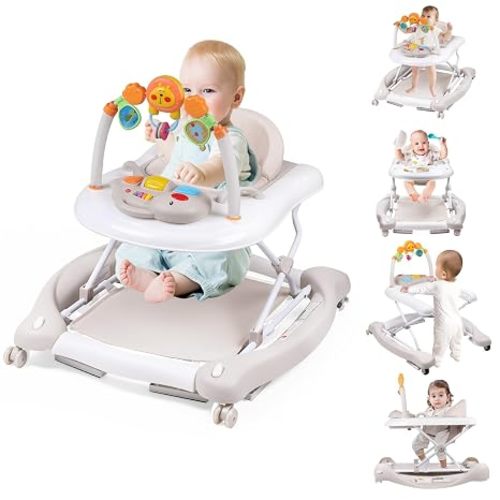 Boyro Baby Baby Walker, 5-in-1 Baby Walkers for Boys and Girls 6-12 Months with Bouncer, Removable Footrest, Feeding Tray & Music, Foldable & Adjustable Activity Walker for 6-18 Months Toddler Infant