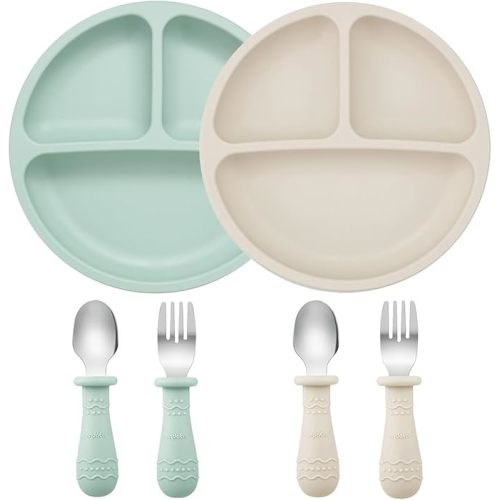 PandaEar Baby Feeding Set| 2 Pack Silicone Divided Suction Plate, 2 Set Toddler Spoons & Forks| Baby Led Weaning Supplies Self Feeding Eating Utensils (Green & White)