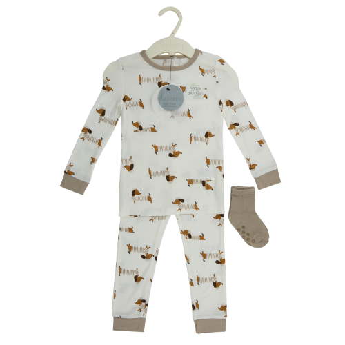 Milkberry Soft Bamboo Pajamas Infant Pajama Set for Boys w/ Matching Socks in Brown Weiner Dog with Hat Pattern - Size 12 Months