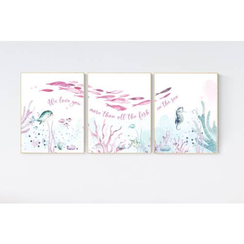 Under the sea wall art, Ocean nursery decor, Nautical nursery print set, under the sea nursery, pink and purple, ocean, girls room decor