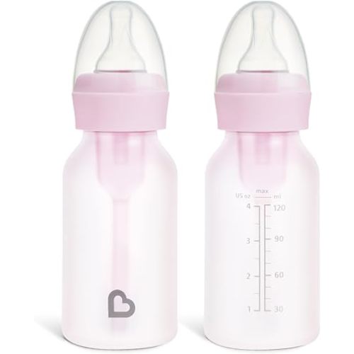 Munchkin Bond Silicone Coated Glass Baby Bottles - Anti-Colic Feeding System with Natural Feel Nipples, 4 Ounce, 2 Pack, Pink