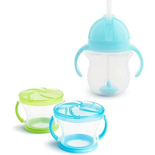 Munchkin Any Angle Click Lock Weighted Straw Trainer Cup, 7 Oz, 1 Pack, Blue & Snack Catcher, 2 Pack, Blue/Green