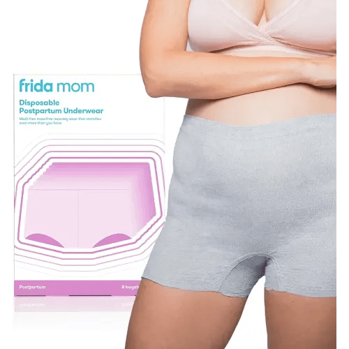 Frida Mom Women's Postpartum Underwear, Disposable Boyshort Underwear, Seamless with Stretchy Support, Postpartum Essentials, Size Regular (Waist 28"-42" Stretched), 8 Count, Grey