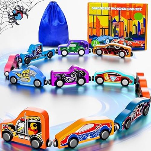 Toys for Boys Kids: 11 Magnetic Train Car Set, Spider-Toys for Boys, Travel Montessori Wooden Toy for Toddlers, Birthday Superhero Gifts for Kids