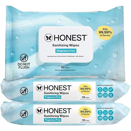 The Honest Company Fragrance-Free Sanitizing Alcohol Wipes, Antibacterial with Aloe, Kills 99% of Germs, 150 Count