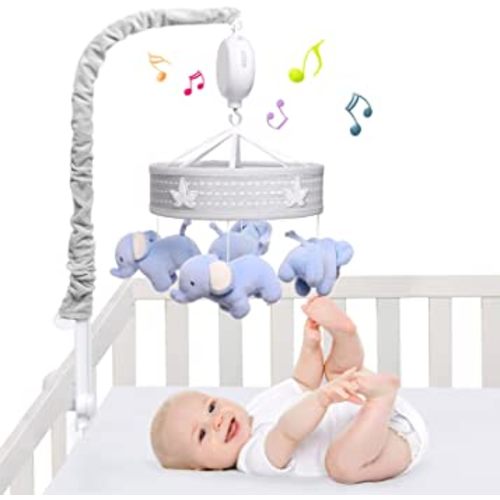 YUNGCHI Baby Mobile for Crib Nursery Musical Mobiles for Girls Toys for Baby Crib Carousel Mobile Boy Mobile for Pack and Play Elephant Parade Crib Decoration Clip on Mobile for Bassinet