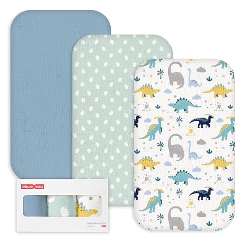 Gllquen Baby 3-Pack Muslin Cotton Bassinet Sheets, 33"x20" Bedside Sleeper | Compatible with Baby Delight, Newton, Dream on Me Rectangle Bassinet Mattress, Soft Oeko-TEX Fitted Crib Sheets Dinosaur Boy