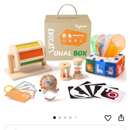 Toyssa Montessori 6 in 1 Wooden Learning Educational Sensory Toys for Babies 0-6 Months with Spinning Drum, Tissue Toys, Baby Rattle, Flash Card - Perfect Birthday Gifts for Boys & Girls