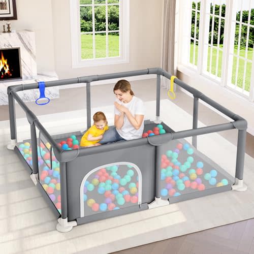 Dripex Baby Playpen, 47"x47" Play Pen for Babies, Grey | Breathable Visible Mesh, Anti-Fall Design, Easy Setup, Indoor/Outdoor Use