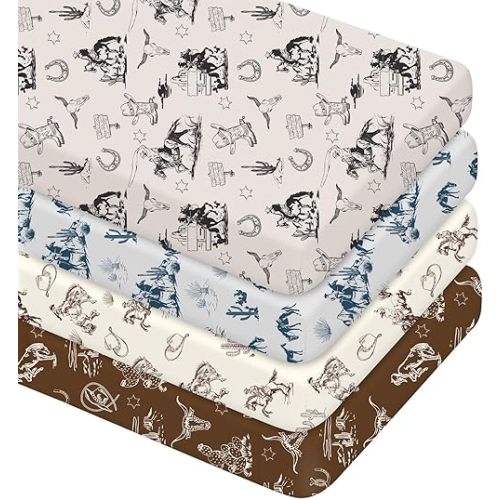 4 Pcs Vintage Western Cowboy Crib Sheet Set Newborn Bedding Nursery Baby Sheets for Girl Boys Baby Gifts for Standard Crib and Toddler Mattresses, 52 x 28 x 8 Inches