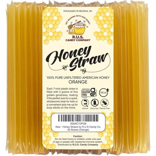 50 Pack Honey Sticks For Tea, Snacking, Honey Straws Single Serve Stir Sticks, Natural Flavor by R.U.S Candy Company- (50 Straws, Orange)