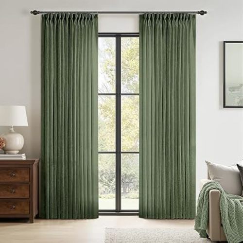 MIULEE Olive Green Pinch Pleated Linen Curtains 2 Panels 40W x 96L