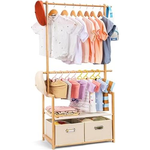 Kids Clothing Rack Bamboo with 2 Storage Baskets and 2 Adjustable Hanging Rods,Child Garment Rack,Dress up Rack for Playroom,Toddlers Bedroom (Natural)