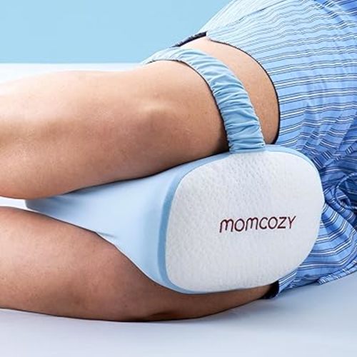 Momcozy Knee Pillow for Side Sleepers with Cooling Cover, Soft Memory Foam Spine Alignment Pregnancy Leg Pillow for Hips, Back, Sciatica Pain, Fixed Strap for Moving, Wider Contact Even Pressure, Blue