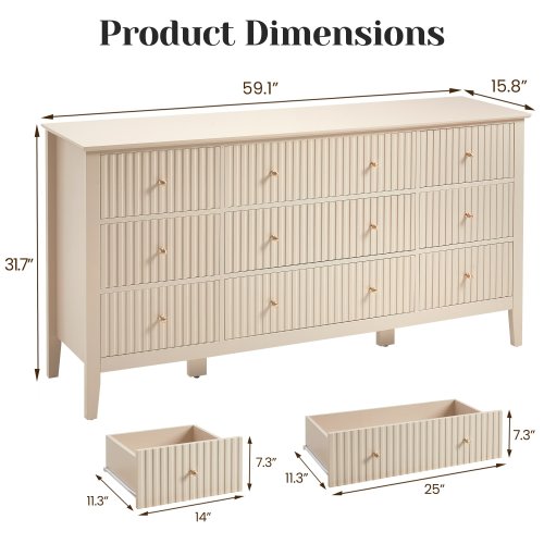 Fluted 59.1"W 9-Drawer Wood Dresser with Gold Knobs, Anti-Tipping Bedroom Storage Chest