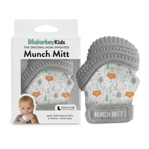 Munch Mitt Patented Teething Mitten Baby Chew Toy - Protects Hands from Chewing & Saliva, Heals Aching Gums, Promotes Sound & Visual Stimulation for Babies - Grey Fox