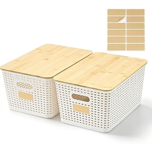 Bagnizer 2 Pack Tall Plastic Storage Bins with Bamboo Lids, 10.8qt Stackable Storages Baskets for Organizing Desktop Closet Playroom Classroom Office, 12"L x 8.3"W x 6.1"H, Cream White