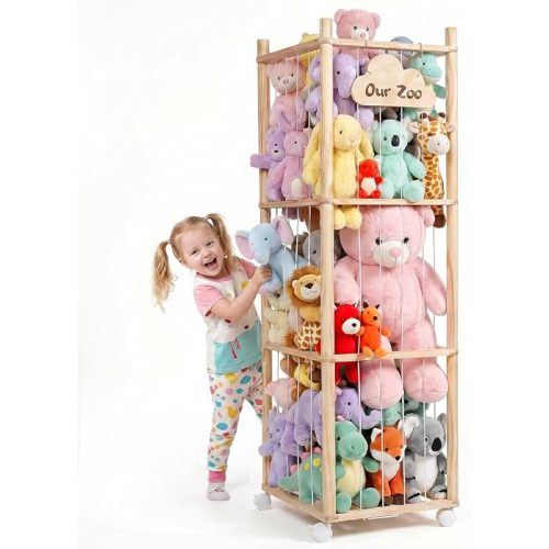 Mallify Stuffed Animal Storage, 54 Inch Wooden Stuffed Animal Zoo with Brake Wheels, Large Capacity Plushies Storage for Nursery Playroom Bedroom
