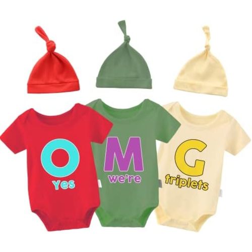 YSCULBUTOL 3-Pack Baby Triplets Bodysuits Omg Funny Infant Clothes Unisex Twin Outfits With Hat 0-12 Months