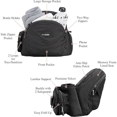 Tushbaby New - Black Carrier + Extender. Adjustable up to 71" - USA Safety Certified Hip Seat Baby Carrier - Machine Washable, Ergonomic Newborn + Toddler + Child