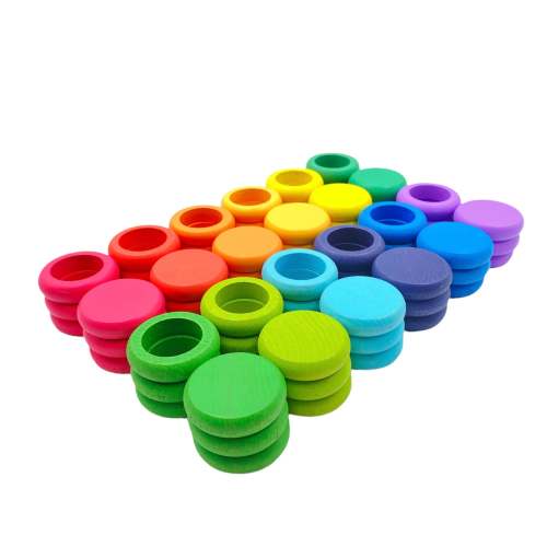 **Pre-order (Ships in 2-3 Weeks)**72-Piece Wooden Coins & Rings Set – Rainbow Colors | Sorting & Stacking Play