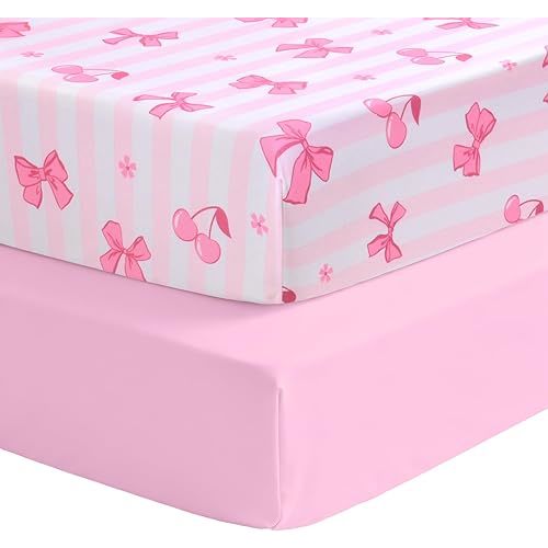 Cloele Crib Sheets 2 Pack for Boys Girls,Fitted Baby Crib Sheets for Standard Crib & Toddler Mattress 52"x28",Soft Breathable Nursery Bed Sheets(Pink Bow&Pink)