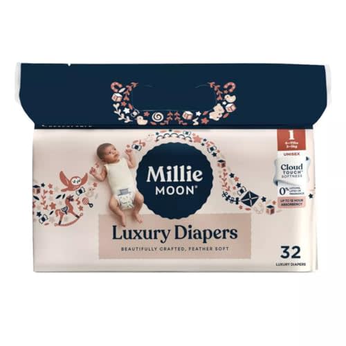 Millie Moon Luxury Diapers, Size 1, 32 Count, Cloud Touch Softness, 12 Hour Absorbency, Unisex