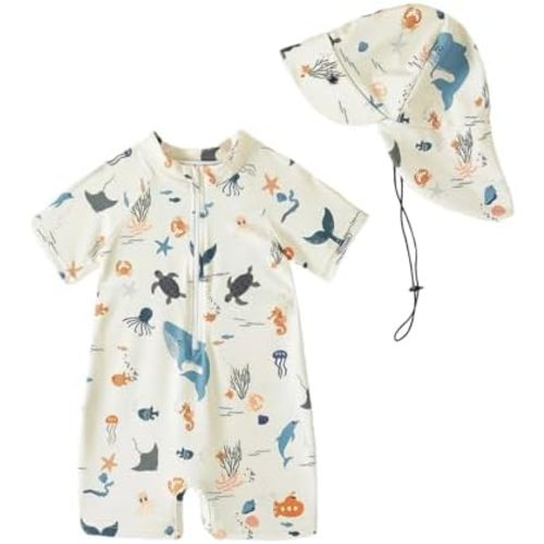 FishingDino Baby Swimsuit Boy Rash Guard Set 3M-3T, UPF 50+ Toddler Bathing Suit with Hat, Infant One Piece Swimwear