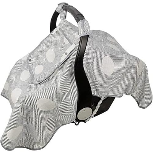 ICOPUCA Car seat Covers for Babies, Muslin carseat Cover Girls/boy, carseat Canopy Light Weight, Breathable, Kick Proof, fit Summer/Autumn/Spring, Black Strip Polka;