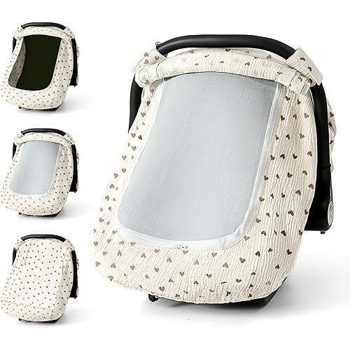 Muslin Cotton Car Seat Cover Baby, Universal Fit Carseat Cover for Baby, Infant Car Seat Cover with Mesh Peep Window, Baby Car Seat Cover for Carrier, Stroller, High Chair, Shopping Cart (Heart)
