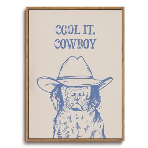 ZZLWBKGL Vintage Cool It Cowboy Dog Framed Wall Art Funny Animal Canvas Wall Art Trendy Blue Retro Western Pictures Wall Decor Funky Dog Art Prints for Living Room Bathroom Nursery