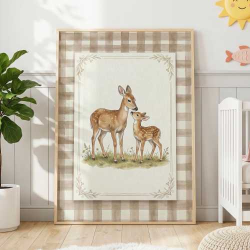 Vintage Baby Deer Nursery Print, Woodland Brown Gingham Animal Wall Art, Cottagecore Nursery Poster For Neutral Nature Themed Toddler Rooms
