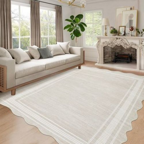 Area Rug 8x10 for Living Room Machine Washable Modern Striped Border Indoor Carpet Ultra Soft Non-Slip Low Pile Stain-Resistant Bedroom Accent Carpet
