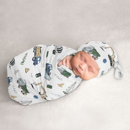 Sweet Jojo Designs Boy Baby Cocoon and Beanie Hat Swaddle Wrap Construction Truck Green Blue and White 2pc