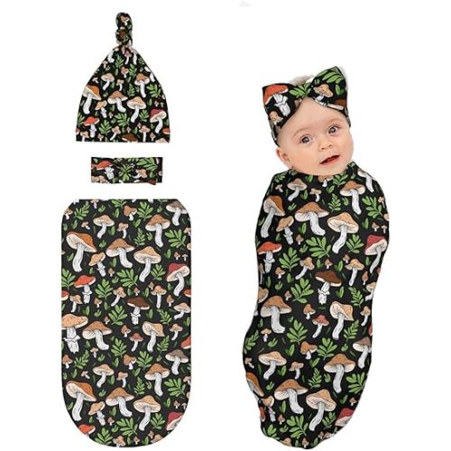 Mushroom Newborn Swaddle Blanket with Hat and Bow Set, Soft Sleeping Bag Swaddling Sack Gift for Mushroom Baby Items Stuff Shower