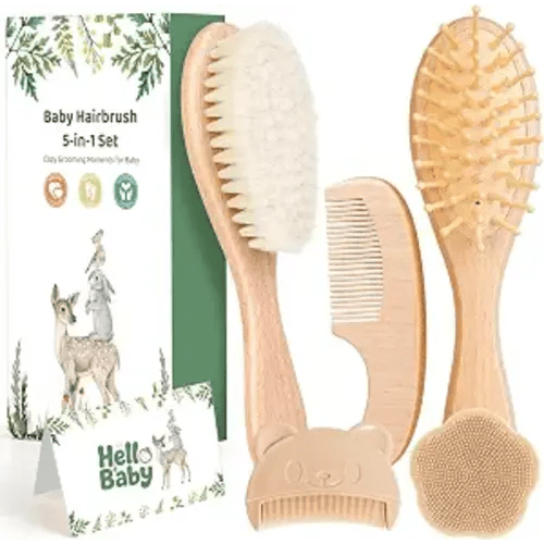 5 Piece Baby Hair Brush Set, Wooden Baby Brush and Comb Set with Natural Soft Goat Hair Bristles, Cradle Cap Brush, Baby Essentials Grooming Kit for Boy Girl