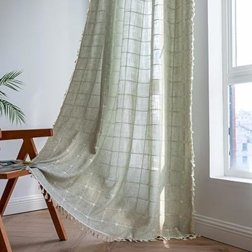 2 Panel Cotton Linen Boho Curtains 63 Inches Long for Living Room Bedroom, Kitchen, Plaids Lattice Embroidered Semi Blackout Bohemian Farmhouse Window Treatment Grids Drape Tassels,Sage Green