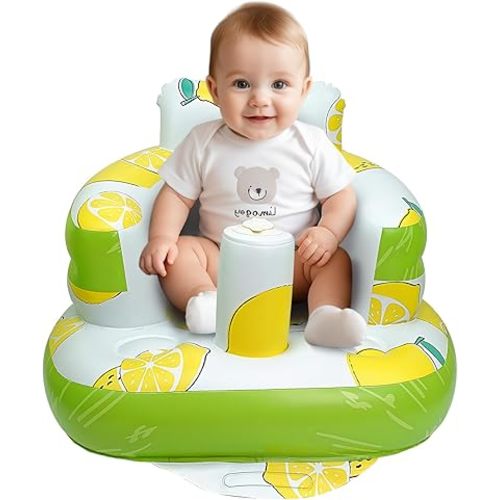 Inflatable Baby Seat, Inflatable Baby Chair for Babies 3 Months and Up, Summer Blow Up Chair with Built in Air Pump, Infant Floor Seats for Learning to Sit, Palying, Camping, Lemon