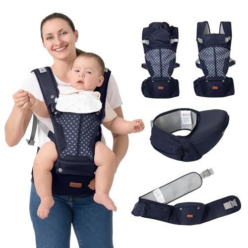 BabbleRoo Grow Carrier – Safety-Certified 6-in-1 Baby Carrier with Hip Seat, Ergonomic & Adjustable Toddler Carrier 7-50 lbs with Hip Support, Hood for Sun Protection, Newborn to Toddler, Navy Hearts