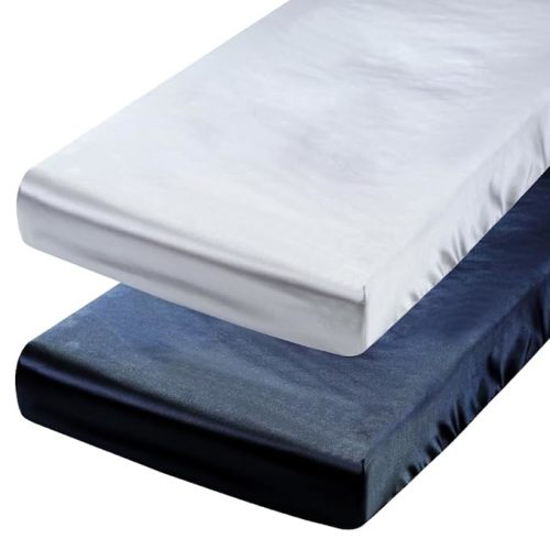Satin Pack n Play Sheet Set 2 Pack Ultra Soft Silk Fitted Mini Crib Sheets Playard Sheet Protect for Baby Hair and Skin, Grey & Navy