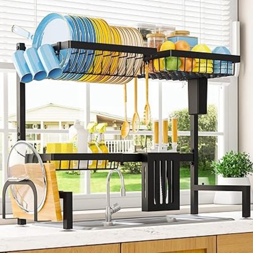 Dish Drying Rack - Over The Sink Dish Drainer Drying Rack with Utensil & Knife Holder, Hooks, Stainless Steel Kitchen Organizers and Storage Solution, 11" D x 30.5"~34''W x 21.5" H, Black